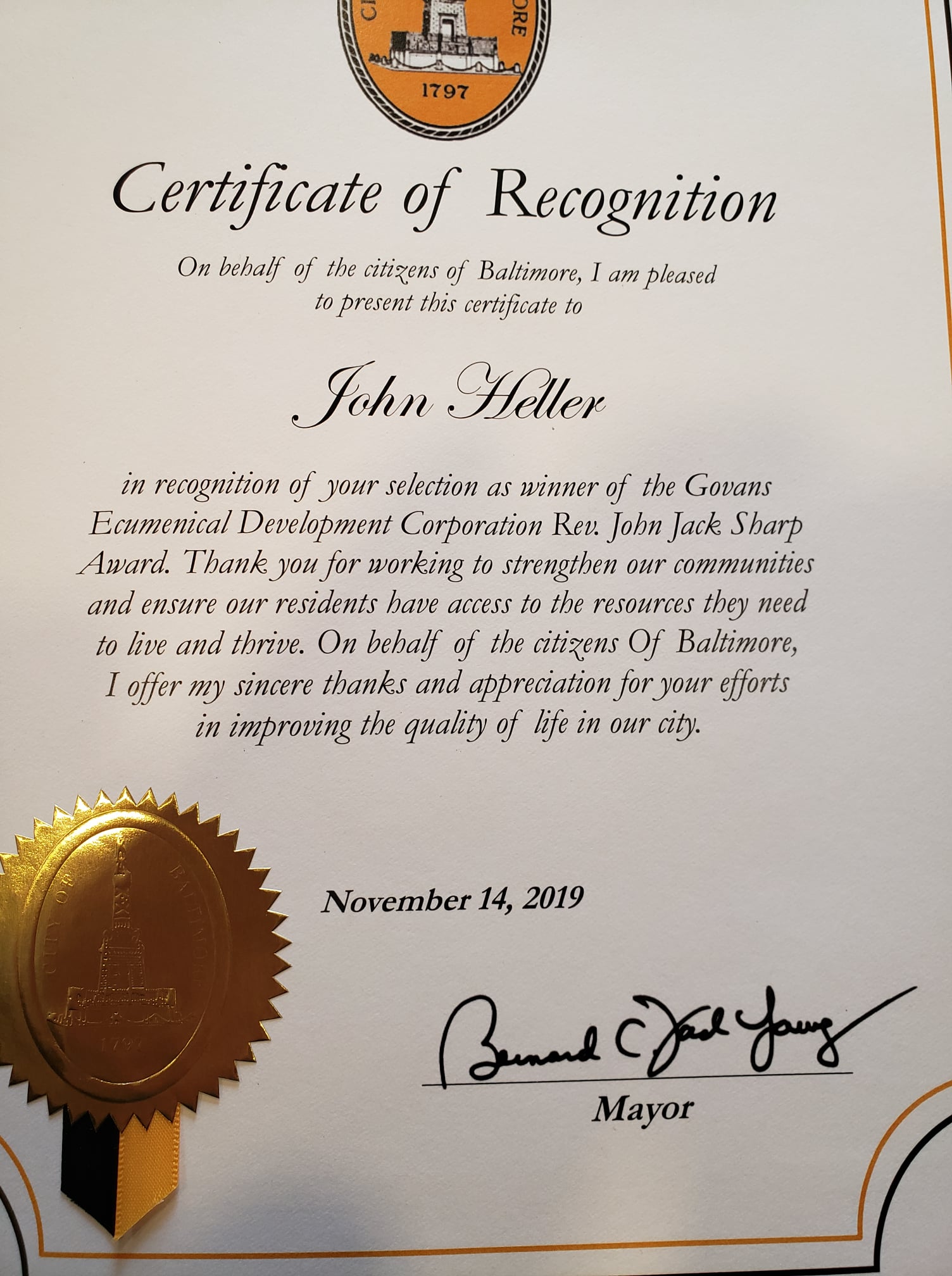 Certificate of Recognition to John Heller from The City of Baltimore